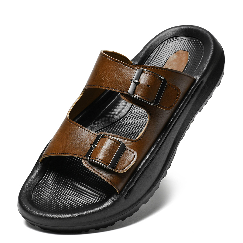 Men Shoes Velcro - Herren-Slip-On-Sandalen, Leder-Hausschuhe mit doppelter Schnalle, weicher