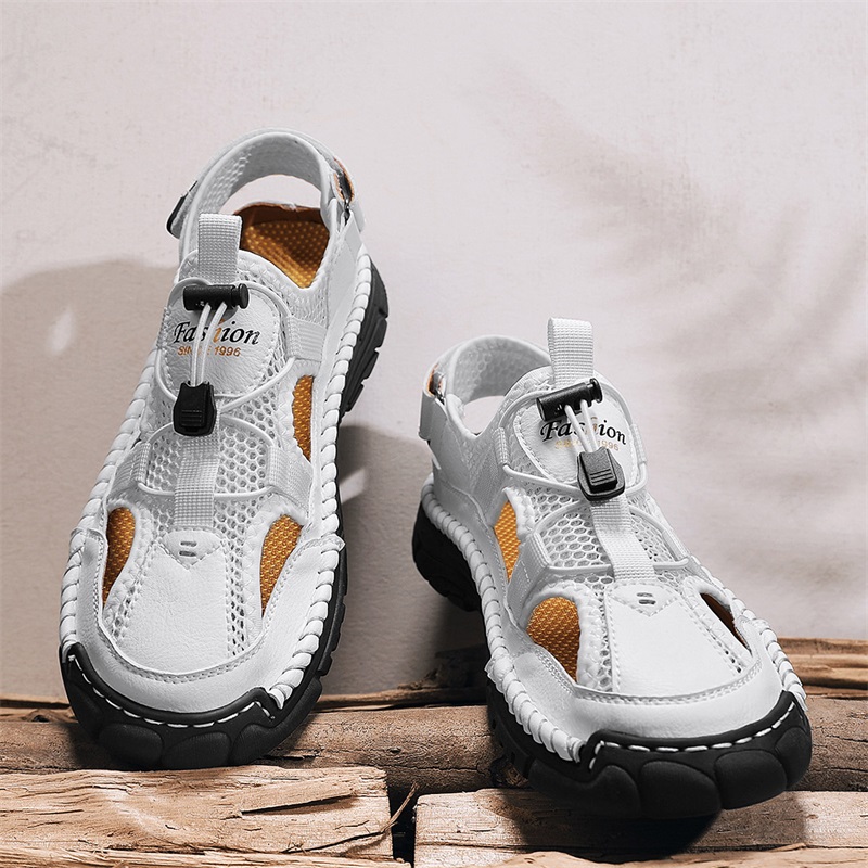 Men Shoes Velcro - Handgefertigte, einfache Herren-Sandalen mit Buchstabendruck, Sommer-Strand-Hohlsandalen,